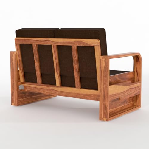 Image of Sheesham Wooden 2 Seater Sofa for Living Room | Solid Wood Sofa with Side Pocket Storage & Cushion | Rosewood Sofa Set for Home & Office | Lounge (Honey with Brown Cushion, 2 Seater)