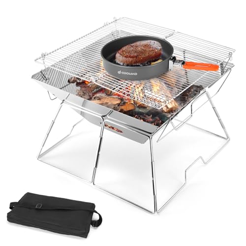 Odoland Collapsible Campfire Grill Camping Fire Pit, 304 Stainless Steel Grill Gate, Portable Camping Grill with Carrying Bag for Outdoor Backpacking