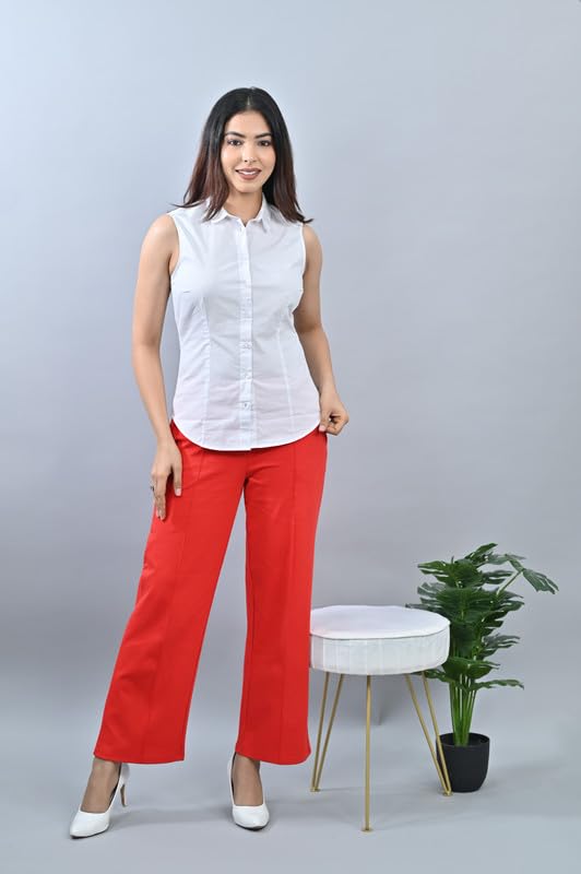 Image of Mlada Mid Waist Wide Leg Flared Pants Elastic Waist Band for Women Office Work Formal Wear Stretch Cotton Knit Flare Pants Utility Pockets Extra Flare Pants Trousers for Travel