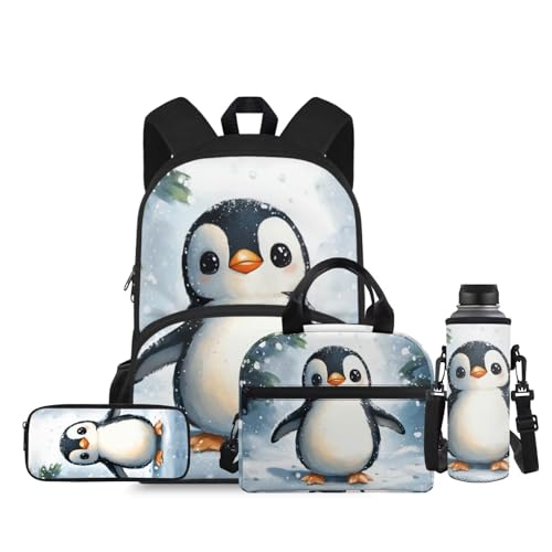 Cute Penguin Backpack for Girls 6-8 Preschool School Bookbag and Lunch Box Pencil Purse Water Bottle Sleeve Secondary Primary Schoolbag Holiday Gifts for Kids Boys 4 In 1 Set