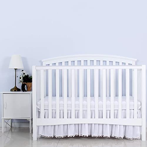 Image of Crib Skirt with Pompoms White, 14 inch Drop, Fits Standard Crib | 5-Sided Coverage, Pleated with Pompoms, Fade & Wrinkle Resistant, Machine Washable