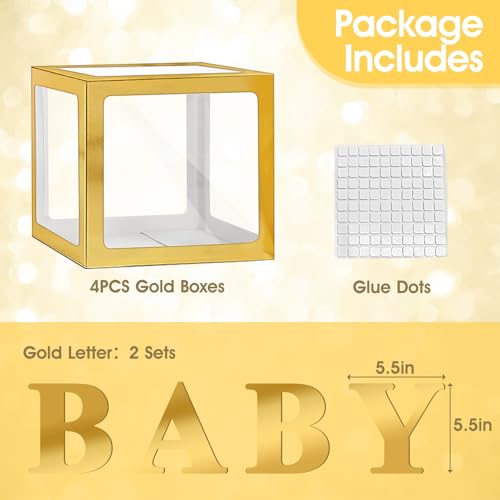 Image of Ledido Baby Boxes with Letters for Baby Shower Decorations, 4 pcs Clear Balloon Boxes with Letters for Boys Girls Gender Reveal Decorations Birthday Wedding Backdrop Party (Gold)