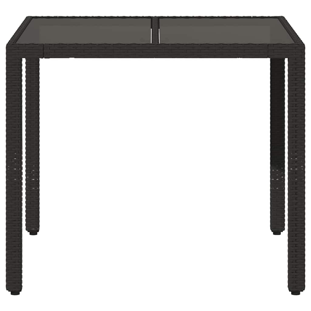 Poly Rattan Gartentisch mit Glasplatte Schwarz 90x90x75 cm, Stabiler pulverbeschichteter Stahlrahmen, pflegeleichtes PE-Rattan für Terrasse und Garten