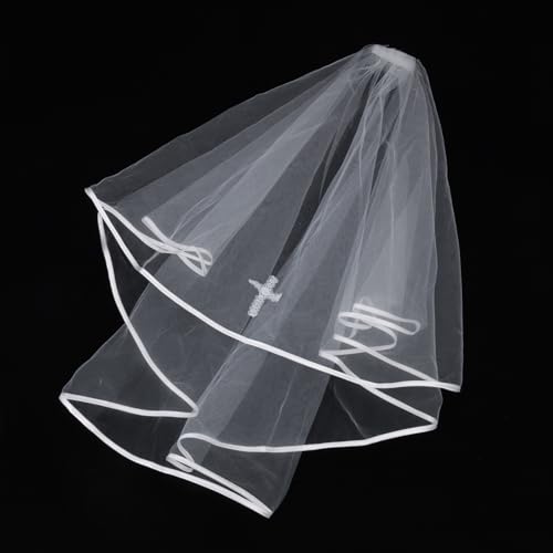 Girls 2Pcs First Holy Communion Veil White Bow Hair Comb Crystal Cross Wedding Headpiece Bracelet Set3