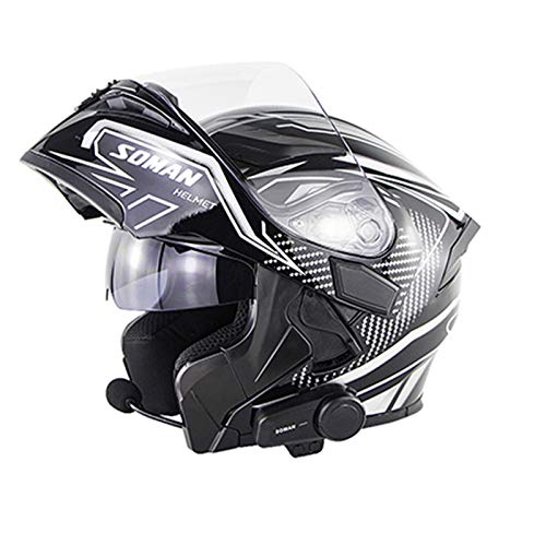 Motorbike Flip Up Helmets,Motorcycle Bluetooth Helmets Link Radio Function,Modular Dual Visors Full Face Helmets,DOT Approved Helmet, Built-In Mp3 FM Radio Integrated Intercom D,XL=61~62cm