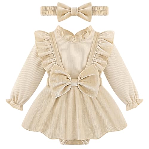 Image of Bkixhv Baby Girl Clothes Newborn Outfits for Girls Toddler Velvet Romper with Headband Infant Fall Outfits Onesie 0-18 Months
