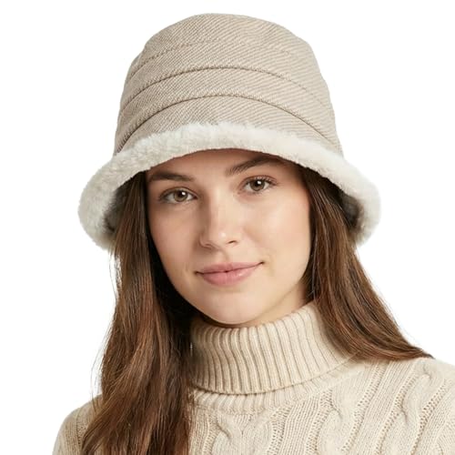 HIQIU Vintage Glockenhut Damen Winter Warme Fischerhut Faltbare Winter-Fleece-gefütterte Wintermütze Bucket-Hüte für Outdoor Wandern Reisen (DE/NL/SE/PL, Alphanumerisch,...