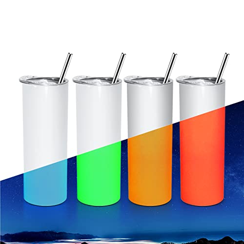 AGH 20 oz Sublimation Tumblers Glow In The Dark 4PCS Luminous Skinny Straight Tumbler Blank Glow From White To Green Blue Orange Red With Stainless Straw and Lid for Coffee Mug Thermos