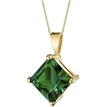 PEORA 14K Yellow Gold Created Emerald Pendant for Women, Classic Solitaire, 2.25 Carats Princess Cut 8mm AAA Grade, Green Emerald Jewelry, May Birthstone, Gifts for Birthday, Anniversary, Wedding