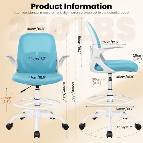 Image of Primy Drafting Chair Tall Office Chair with Flip-up Armrests Executive Ergonomic Computer Standing Desk Chair with Lumbar Support and Adjustable Footrest Ring(Blue)