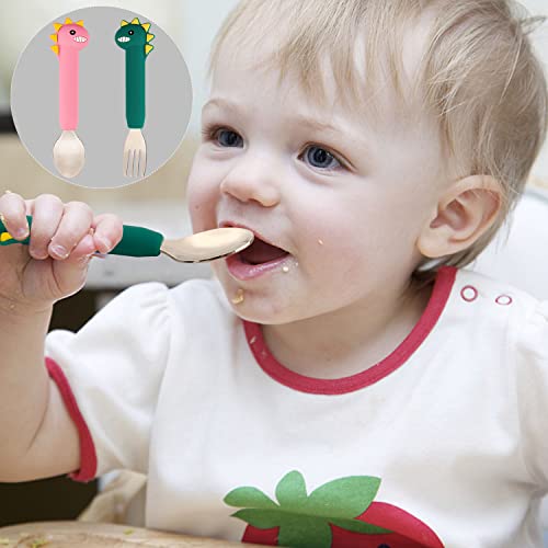 Nicingu Kids Silverware With Silicone Handle,Dinosaur Baby Spoons+Fork,Toddler Utensils #TOP2