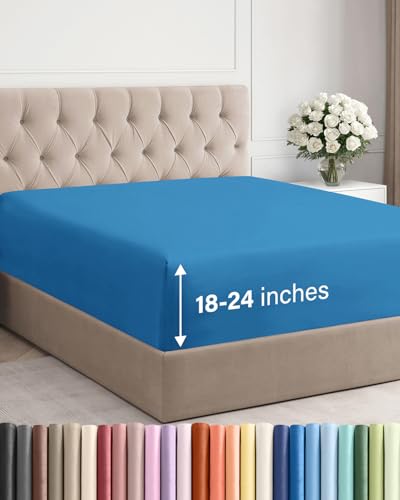 Image of Extra Deep Cal King Fitted Sheet - Single Fitted Sheet Only - Denim Blue | Easily Fits 18 inch to 24 inch Mattress, Soft, Wrinkle Free, Breathable & Comfy, Extra Deep Pockets Hotel Luxury Fitted Sheet