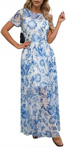 Dokotoo Womens Summer Floral Print High Waist Mesh Maxi Dresses F...