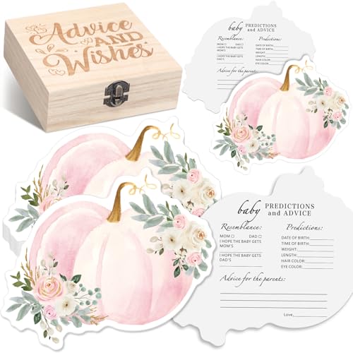 RattanView 50 Pcs Double Side Fall Baby Prediction And Advice Game Cards with Wooden Keepsake Box Floral Pumpkin Thanksgiving Day Game Cards(Pink Pumpkin)