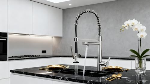 Image of Copper Kitchen Faucet, Solid Brass Brushed Nickel Kitchen Faucet, Heavy Duty Spring Pre-Rinse Single Handle Kitchen Faucets with Pull Down Sprayer and Pot Filler, Commercial Style Sink Faucet