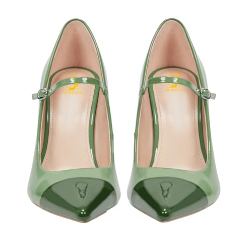 SHODENSE Women Chunky High Heel Mary Jane Pumps Shoes Ankle Strap Closed Pointed Toe Dress Sandals Two-Toned Cap Toe Patent Leather Mary Jane Heels Buckle Patchwork Office Work Party Dance 4-11 M US2