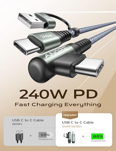 Image of AINOPE 240W Long USB C Cable Multi 4 in 1 Charging Cable Fast Charging C Type Charger Fast Charge USB to USB C,Right Angle Fit iPhone 16 15 Pro Max iPad Samsung 3.3FT Gray