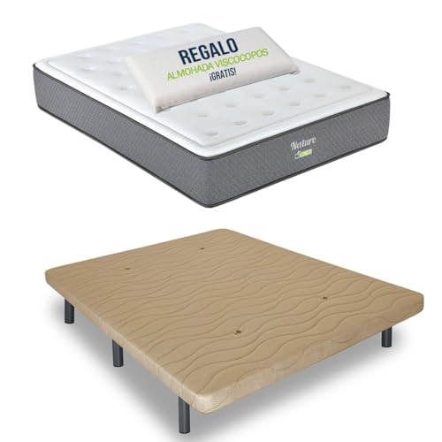 Matnature | Pack Cama Individual con Base Tapizada + Colchón Viscoelástico Nature |Firmeza Superior y Alta Adaptabilidad | Fabricación Sostenible España (Beige, 90x190)