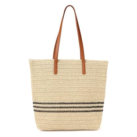 Gaudiwel Woven Beach Bag Large Tote Bags Straw Shoulder Bags Women Tote Handbag with Zipper (Beige Stripe) Cover