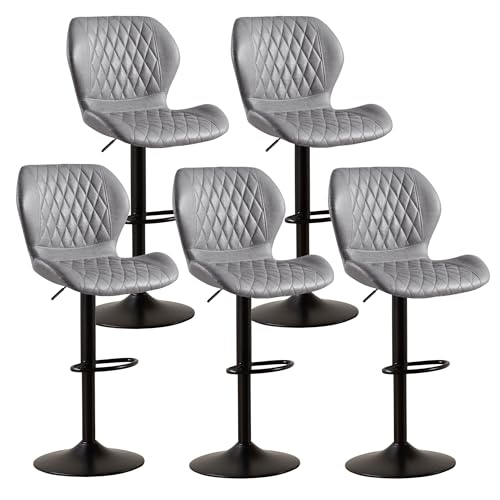 Image of Modern Swivel Counter Height Barstools Set of 5, Adjustable Fabric Bar Stools with Back for Kitchen Island Chairs, Light Grey
