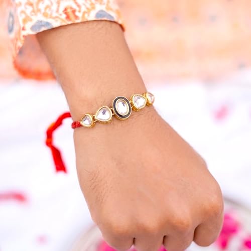 Image of Peora Rakhshabandhan Thread Rakhi for Brother Bhaiya | Kundan Beads & Crystal Studded | Combo Set of 2 | Rakhi Hamper Roli Chawal & Greeting Card