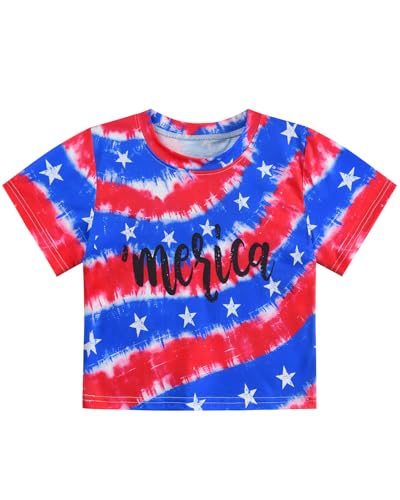Image of DDSOL Girls July 4th Crop Tops Patriotic Shirt American Flag Short Sleeve Tshirts for Girl 6-14 Years