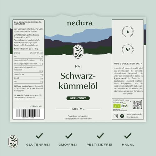 nedura® Schwarzkümmelöl BIO kaltgepresst (gefiltert) 500ml – mit hohem Thymochinongehalt, BIO-Zertifiziert & 100% rein - täglich frisch & schonend gepresst - direkt aus eigener Manufaktur
