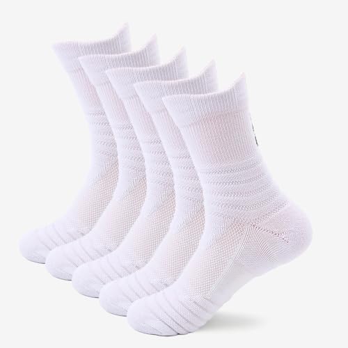 5 Pairs Men's Sports Crew Socks Sweat-Absorbent Friction-Reducing Anti-Slip Socks for Basketball Running Badminton Biking