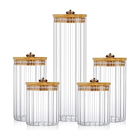 Glass Storage Jars Set of 5, Decorative Coffee Bar Container with Airtight Bamboo Lid Metal Ring for Home Kitchen Storing Candy, Cookie, Pasta, Nuts, Oatmeal and Bathroom Salt Cover
