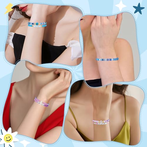 Image of Preppy Bracelets Set Colorful White Gold Smile Heart Star Polymer Beaded Pearl Clay Stackable Charm Y2K Kidcore Aesthetic Summer Beach Bohemian Stretch Layering Bracelets Jewelry for Girls Women Teens