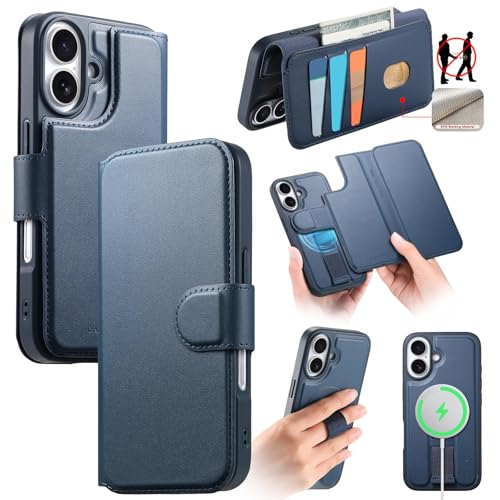 Étui portefeuille iPhone 15 Plus bleu avec support amovible anti-choc et fentes cartes