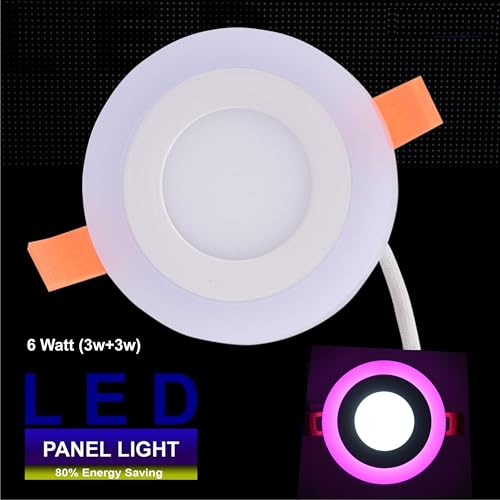 Image of OLIPS 6W (3+3) LED Ceiling Panel Down Light | Dual Color Change by On /Off Switch | Fan Box POP Decorative LED | White Center & Color Ring Design (Pink, 2)