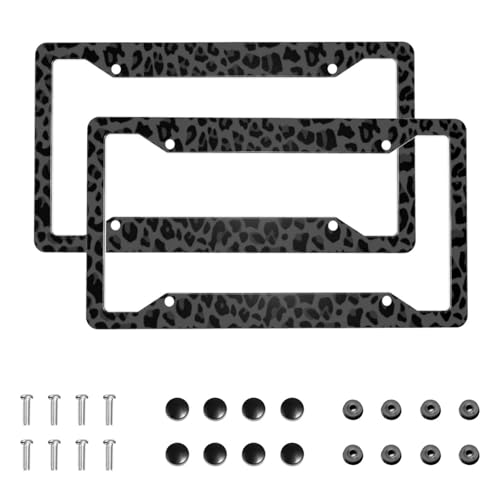 Black Leopard Print License Plate Frames 2 Pack Cheetah Rust-Proof Aluminum License Plate Holder Car Decorative Tag Frames with Screws Fasteners Caps fits Standard US Vehicles Size 12.3 X 6.3 in