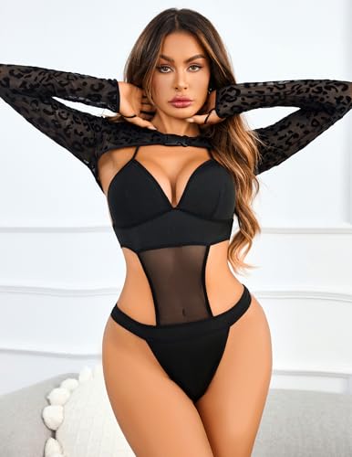 Image of Avidlove Rave Outfits for Women Festival Sexy Lingerie Bodysuit 2 Piece | Buckle shrug crop top halter bodysuit set, snap closure, breathable mesh, for concerts and club nights