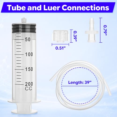 Image of 200ml Luer Lock Syringe with 39 Inch Plastic Tube and Luer Connections | 2 Pcs 39 inch Long Tubing and Luer Connections Tips for Measuring or Refilling Liquid, Ink, Oil, Feeding Pets, Watering Plant