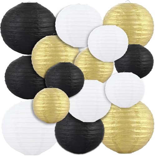 LOLYSIC Lot de 27 Lanternes en Papier Colorées Tailles Assorties, Lampion Papier Boule Chinoise Blanc Or Noir pour Décoration Mariage et Soirée Thème