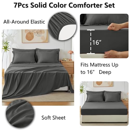 CozyLux King Size Comforter Set Dark Grey, 7 Pieces Bed in a Bag King Comforter Set with Sheets, Bedding Set with Down Alternative Comforter, Fitted Sheets, Flat Sheets, Pillow Shams and Pillowcases