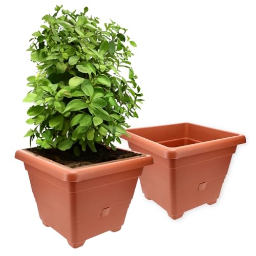 GarPet 2er Set Pflanzkübel Rechteckig Pflanzkübel Groß Außen Blumenkübel Outdoor Pflanztopf Pflanzkasten Blumentopf Wasserspeicher 35 cm Terrakotta