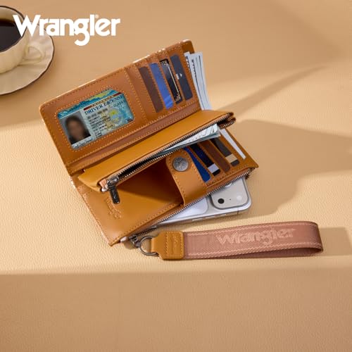 Image of Montana West X Wrangler Brown Wristlet Wallet for Women Daisy Floral Wallet Large Capacity Clutch Wallets with Smooth Zipper and ID Window