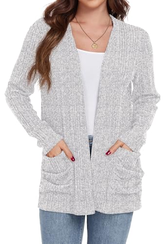 GRECERELLE Womens Fall Lightweight Cardigan Long Sleeve Open Front Knit Sweater Outerwear with Pockets, Light Gray, XL