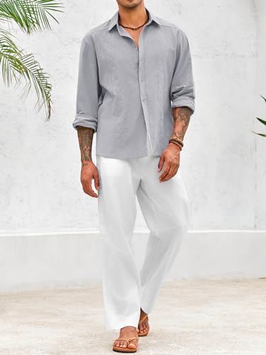 Makkrom Men\'s Casual Cotton Linen Button Down Shirts Cuban Guayabera Shirt Long Sleeve Summer Beach Tops Grey