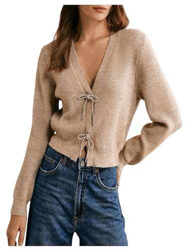 MakeMeChic Women's Bowknot V Neck Sweater Long Sleeve Knit Cardigan Outerwear