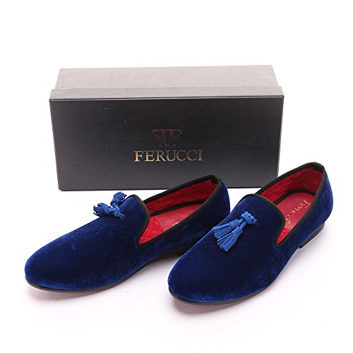 FERUCCI Handmade Men Blue Velvet Slippers Flats Loafers with Blue Tassel4