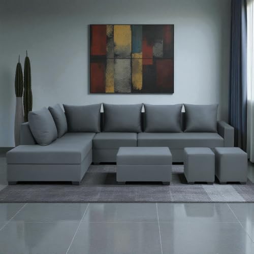 Image of FURNY Gloria 8 Seater Fabric LHS L Shape Sofa Set with 1 Centre Table & 2 Puffy (Dark Grey) Premium Velvet Finish | Durable Comfort | Ideal for Living Room