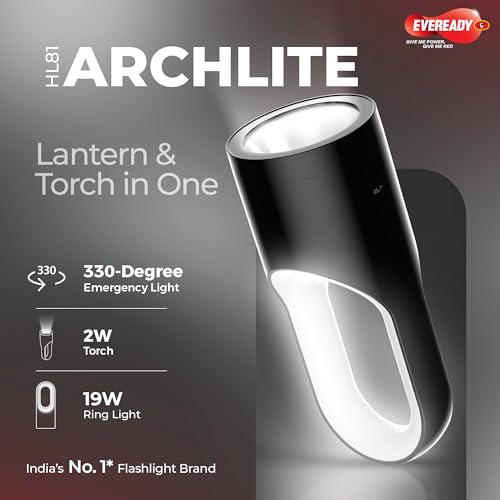 Image of Eveready Archlite HL81, Rechargeable Emergency Lantern Cum Torch, 19W Lantern + 2W Torch, Handheld and Handle-Free, USB Type-B Charging, 330 Emergency Light, 6 Months Warranty, Pack of 1