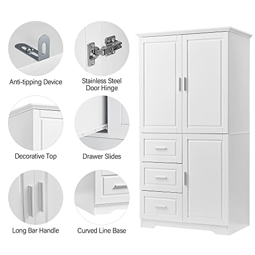 Image of Merax 62.2 inch Pantry Cabinet with Three Doors & Three Drawers, Adjustable Shelves Storage Cupboard for Kitchen /Dining Room /Bathroom, White