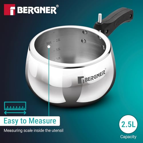 Image of Bergner Shouraya Triply Stainless Steel 2.5 Litres Inner Lid Pressure Cooker, Belly Shape, Faster and Even Heat Distribution, Healthy Cooking, ISI-Certified - Induction and Gas Stove Ready