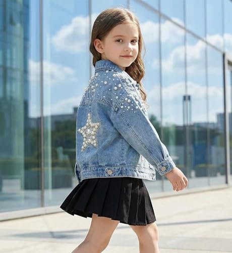 Image of Girls' Classic Pearls Denim Jackets Kids Button Down Jeans Jacket Top Coat Outwear