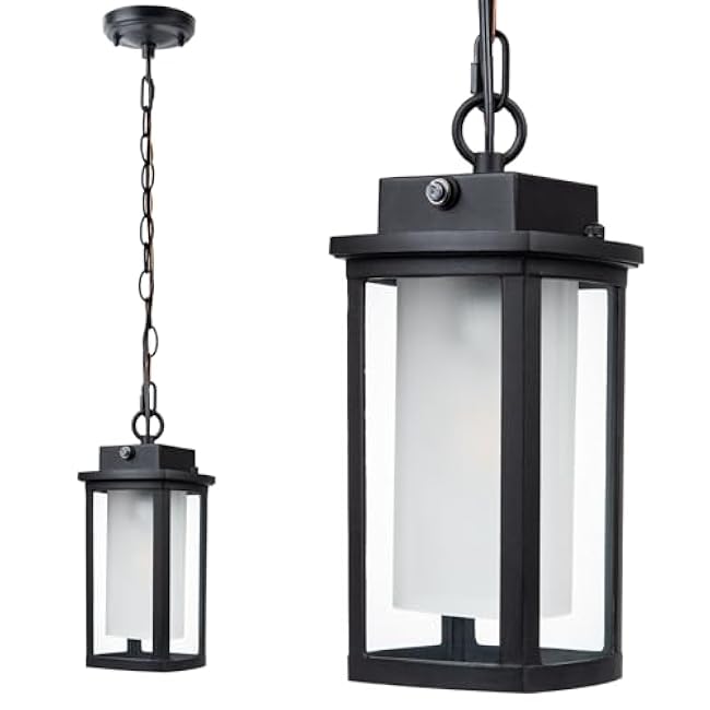 JYZ Dusk to Dawn Outdoor Hanging Light, Exterior Pendant Lantern Dusk Till Dawn, Modern Contemporary Indoor Outdoor Chandelier Lamp Ceiling Mount for Front Porch Entry Gazebo Patio Garden Pergola