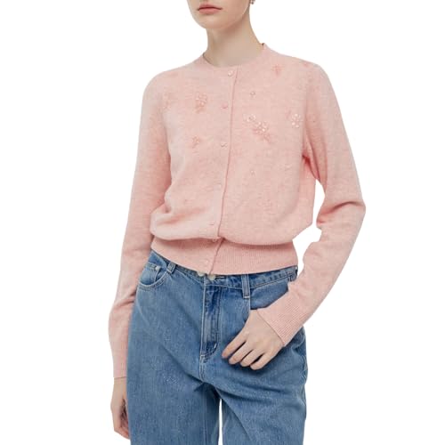 GOELIA Wool Blend Lightweight Pink Cardigan Sweaters for Women Crewneck